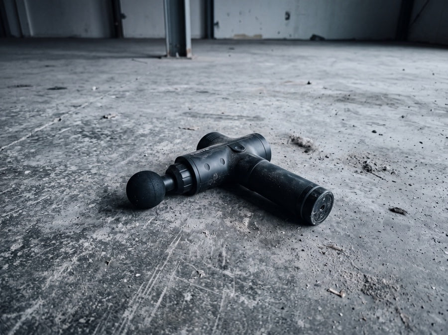 Massage gun on a cold concrete surface