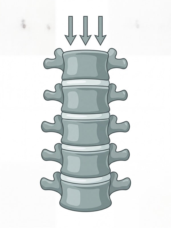 MRI-style render: spine under gravitational load — discs narrowed, vertebrae close together