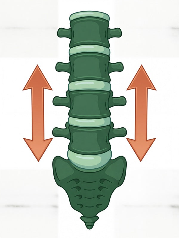 MRI-style render: spine under targeted traction — vertebral separation visible, discs decompressed